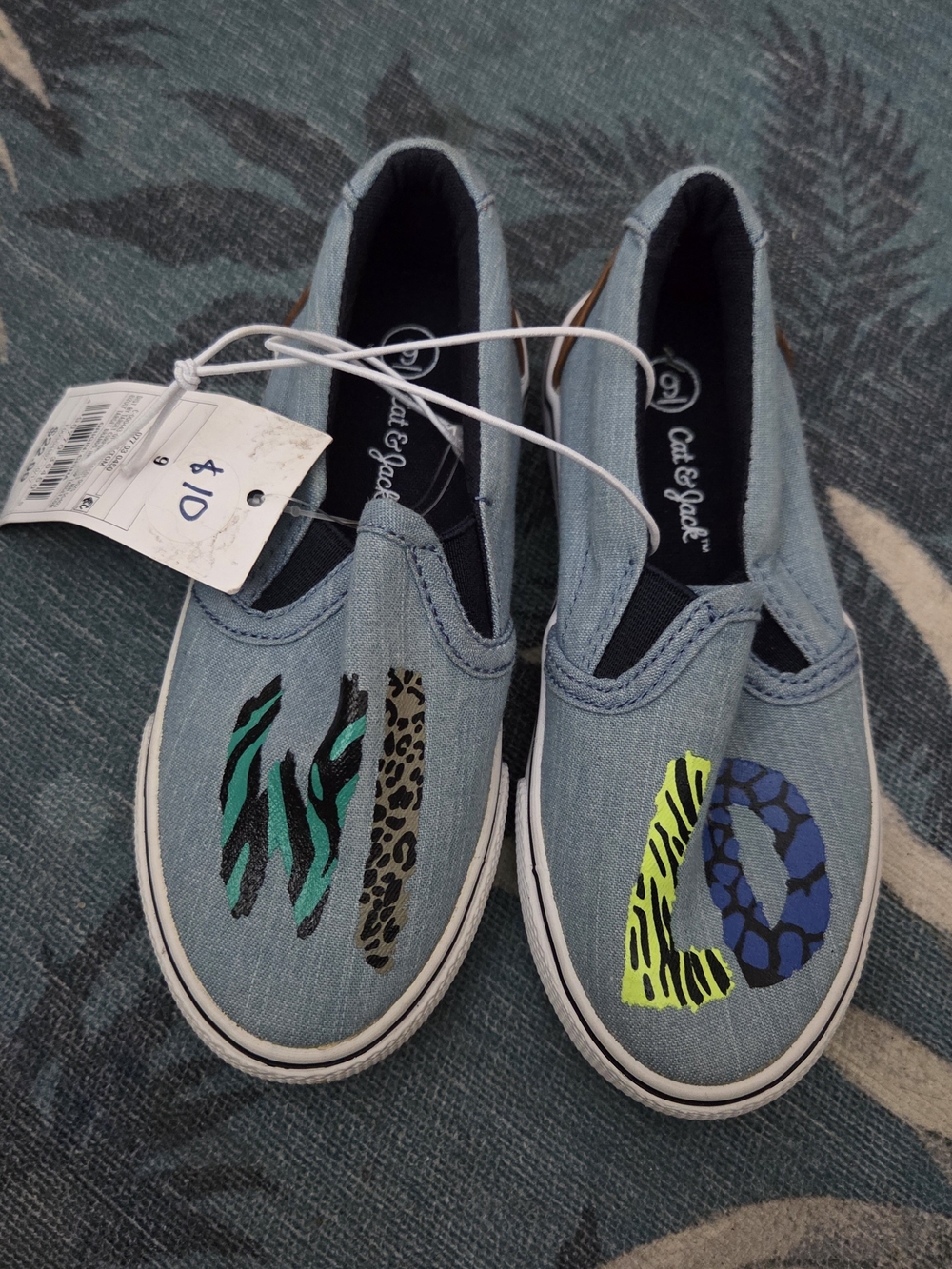 Cat & Jack Light Blue Denim Slip-On Sneakers with Neon Animal Prints